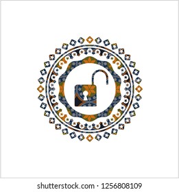 open lock icon inside arabesque emblem. arabic decoration.