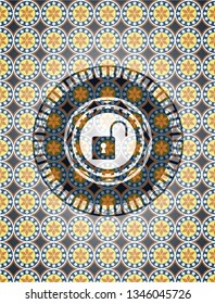 open lock icon inside arabesque badge background. arabic decoration.