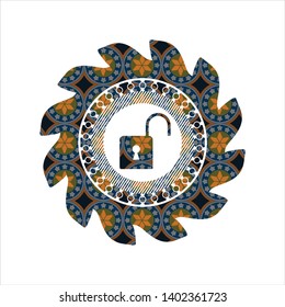 open lock icon inside arabesque emblem background. arabic decoration.