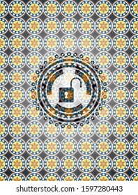open lock icon inside arabesque badge background. arabic decoration.