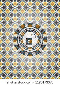 open lock icon inside arabic badge. Arabesque decoration.