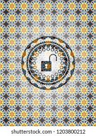 open lock icon inside arabic emblem background. Arabesque decoration.