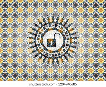 open lock icon inside arabic badge. Arabesque decoration.