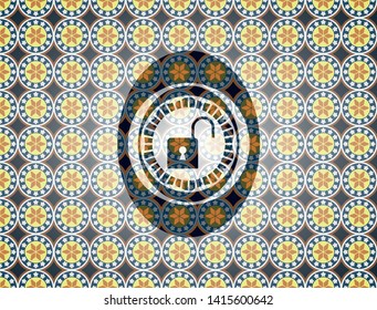 open lock icon inside arabic badge. Arabesque decoration.