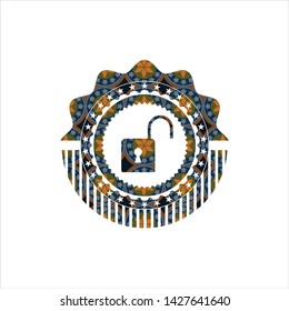 open lock icon inside arabic emblem background. Arabesque decoration.