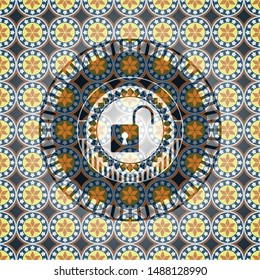 open lock icon inside arabic style emblem. Arabesque decoration.