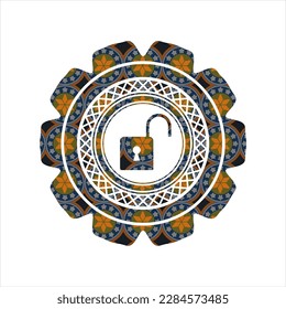 open lock icon inside arabic badge background. Arabesque decoration. 