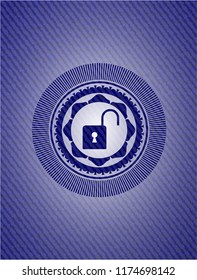 open lock icon inside badge with jean texture