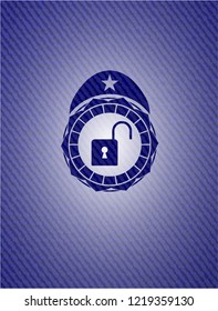open lock icon inside badge with denim texture
