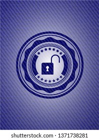 open lock icon inside badge with denim background
