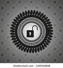 open lock icon inside black emblem. Vintage.
