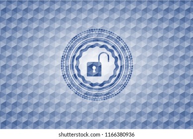 open lock icon inside blue emblem or badge with abstract geometric polygonal pattern background.