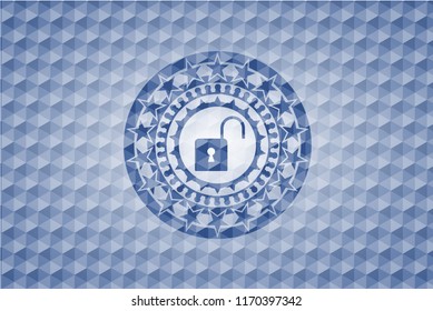open lock icon inside blue polygonal badge.