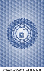 open lock icon inside blue hexagon badge.