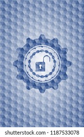 open lock icon inside blue emblem with geometric background.