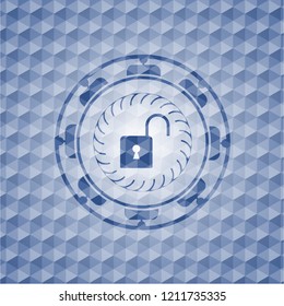 open lock icon inside blue badge with geometric pattern.
