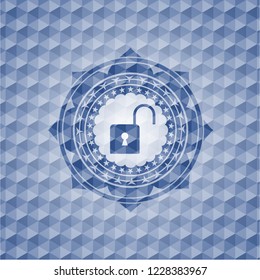 open lock icon inside blue emblem or badge with abstract geometric polygonal pattern background.