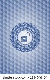 open lock icon inside blue badge with geometric pattern background.