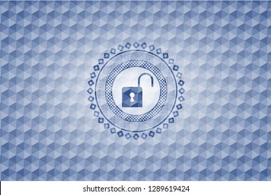 open lock icon inside blue emblem with geometric pattern background.
