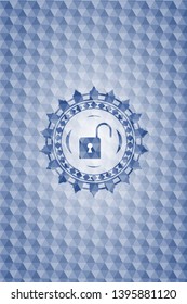 open lock icon inside blue emblem with geometric pattern.