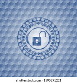 open lock icon inside blue emblem or badge with abstract geometric polygonal pattern background.