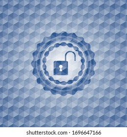 open lock icon inside blue emblem or badge with abstract geometric pattern background.