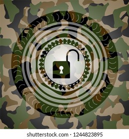 open lock icon inside camouflage emblem