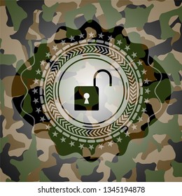 open lock icon inside camouflage emblem