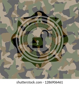open lock icon inside camouflaged emblem