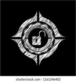 open lock icon inside chalkboard emblem written on a blackboard