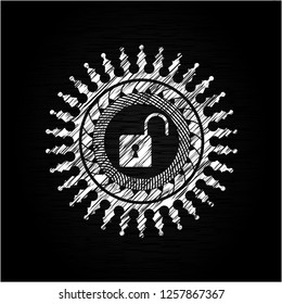 open lock icon inside chalkboard emblem on black board