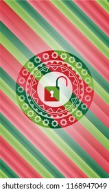 open lock icon inside christmas style badge..