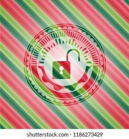 open lock icon inside christmas colors badge.