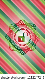 open lock icon inside christmas badge background.