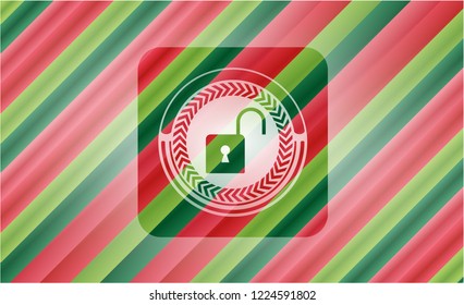 open lock icon inside christmas colors badge.