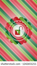 open lock icon inside christmas colors emblem.