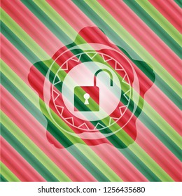 open lock icon inside christmas colors style emblem.