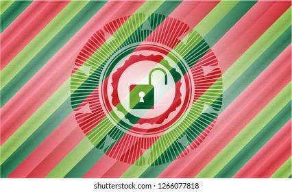 open lock icon inside christmas colors style badge.