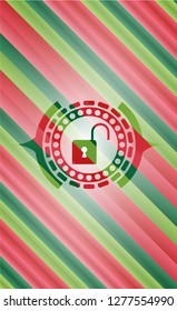 open lock icon inside christmas colors style emblem.