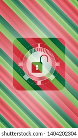 open lock icon inside christmas colors style emblem.