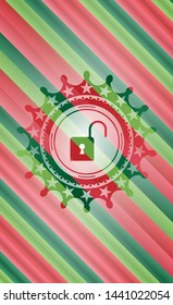 open lock icon inside christmas colors style badge.