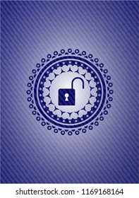 open lock icon inside emblem with denim texture