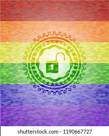 open lock icon inside emblem on mosaic background with the colors of the LGBT flag