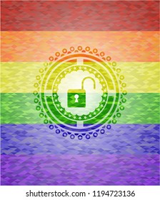 open lock icon inside emblem on mosaic background with the colors of the LGBT flag