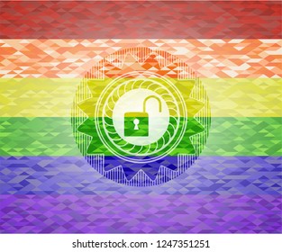 open lock icon inside emblem on mosaic background with the colors of the LGBT flag