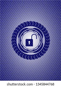 open lock icon inside emblem with jean texture