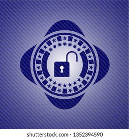 open lock icon inside emblem with denim texture