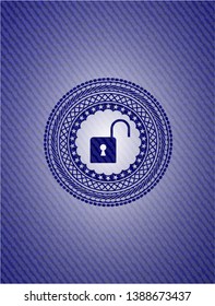open lock icon inside emblem with jean texture
