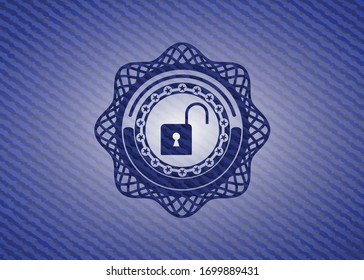 open lock icon inside emblem with denim texture