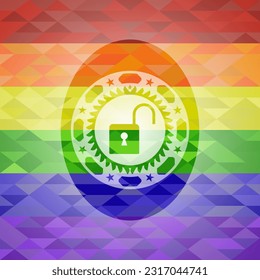offenes Schloss-Symbol innerhalb des Emblems auf Mosaikhintergrund mit den Farben der LGBT-Flagge. 